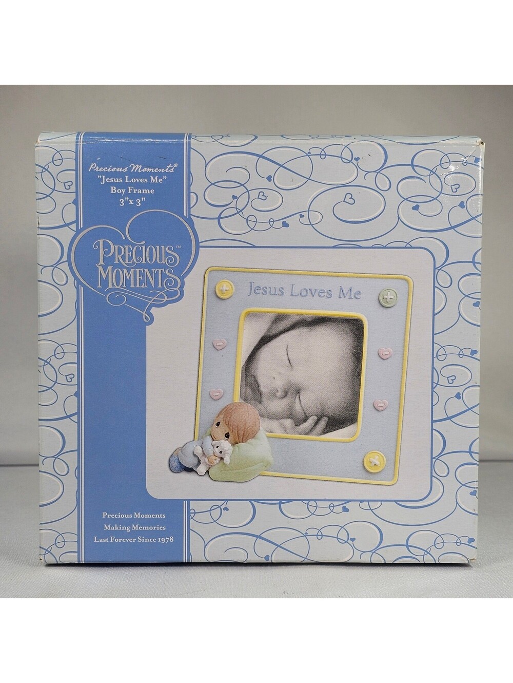 Precious Moments Jesus Loves Me Boy Photo Frame 3x3 Blue Resin 813004 2007 NIB
